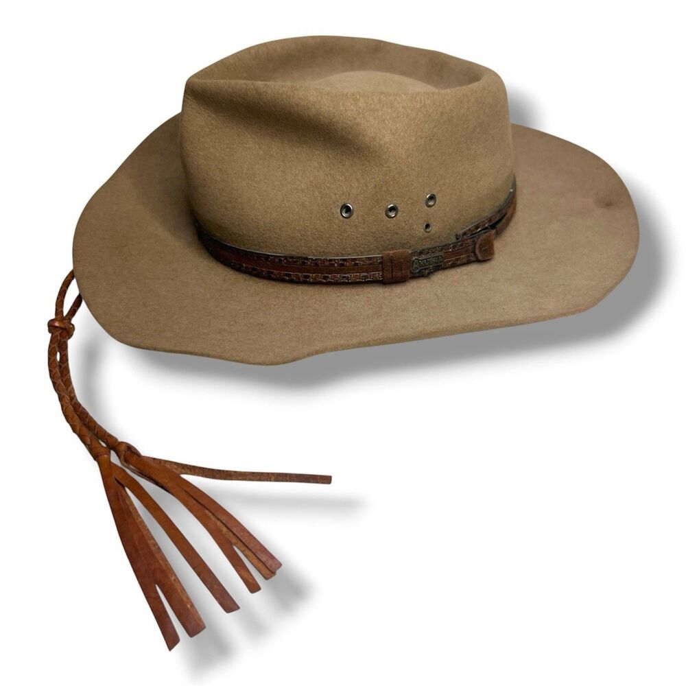 Akubra Snowy River Hat Pure Fur Felt Size 60 Brown Leather Chinstrap Braided